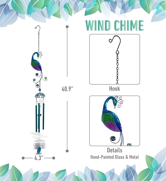 CoTa Global Peacock Wind Chime - Handmade Glass & Metal Chime - Bird Wild Life Hanging Decor - Colorful Home Decor Gift, Indoor & Outdoor Hanging Decoration for Porch, Patio, and Garden - 40.9 Inches