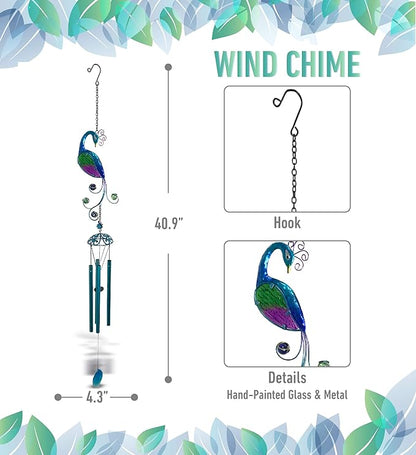 CoTa Global Peacock Wind Chime - Handmade Glass & Metal Chime - Bird Wild Life Hanging Decor - Colorful Home Decor Gift, Indoor & Outdoor Hanging Decoration for Porch, Patio, and Garden - 40.9 Inches