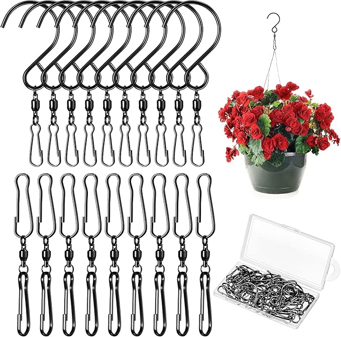 Jetec 30 Pieces Wind Spinner Swivel Hooks 360 Degree Dual Spinning Windsock Chime Supplies Hanger Swivels Clip Hanging Hooks with Storage Box for Wind Spinners Supply, 2 Styles (Black)