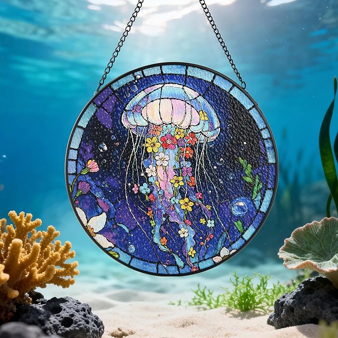 Stained Glass Window Hanging, Blue Jellyfish & Flowers Circular Painted Glass Suncatcher with Chain & Suction Cup for Home Garden Door Decor, Birthday for Women Men Mom 7.8 in