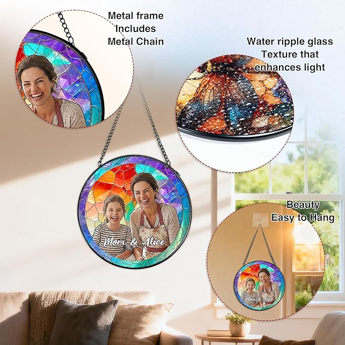 Personalized Mothers Day Stained Glass Windows Hanging, Mom Picture Suncatcher Ornament, Custom Photo Gift for Mom, Birthday Mother Grandma Gifts from Daughter Kids
