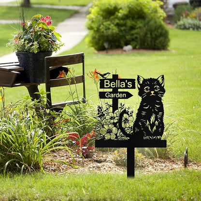 Personalized Metal Cat Garden Signs with Stake, Custom Garden Signs for Outside Waterproof, Customized Name Sign Yard Lawn Gardens Decor Gardening Gifts for Moms Grandmas Gardeners