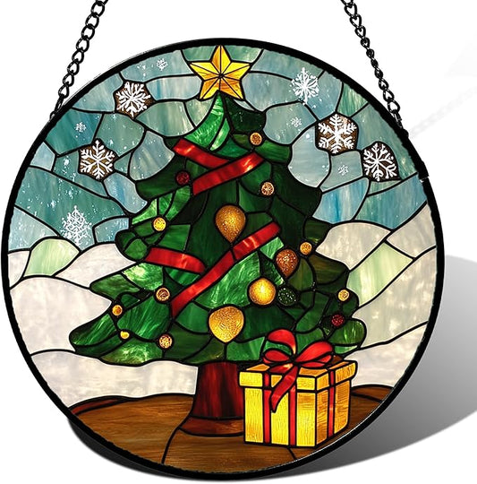DASTOLL Stained Glass Window Hanging Green Christmas Tree Snowflake 7.8" - Suncatcher Door Garden Sun Catcher Xmas Holiday Decor Birthday for Mom Men Woman Friend Nana