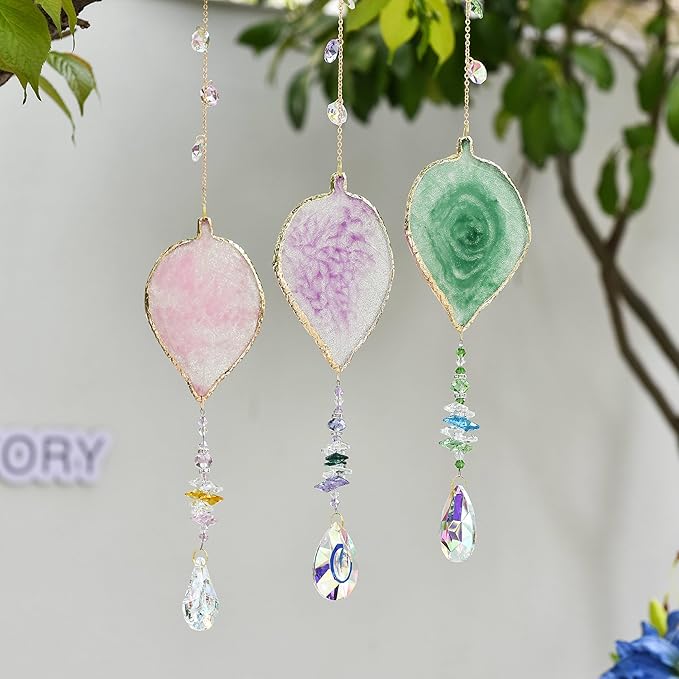 Hanging Crystal Suncatcher, Sun Catchers Indoor Window, Leaf-Shaped Crystal Hanging Ornament, Hanging Crystals for Decoration, Birthday Gift (Pink)