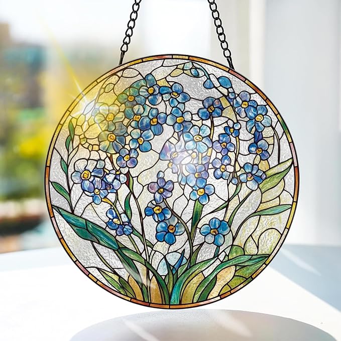 Bimkole Forget-Me-Not Stained Glass Suncatcher Window Hanging - Plants Indoor Window or Doorway Decoration - Handmade Sun Catcher Decor for Garden Home Christmas & Birthday Gifts 7.87x7.87 Inch