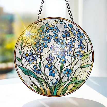 Bimkole Forget-Me-Not Stained Glass Suncatcher Window Hanging - Plants Indoor Window or Doorway Decoration - Handmade Sun Catcher Decor for Garden Home Christmas & Birthday Gifts 7.87x7.87 Inch