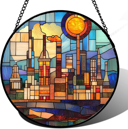 CHATYOUNG Stained Glass Window Hanging Abstract City 7.8" - Colorful Suncatcher Door Garden Home Decor and Christmas Mother's Day Birthday House Warming Gift for Grandma Mom Women Wife Friend