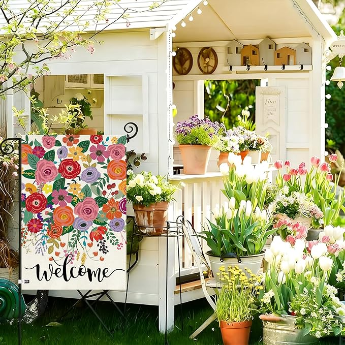 Baccessor Spring Summer Welcome Garden Flag Double Sided 12.5 x 18 Inch Burlap with Clip and Stopper,Floral Flowers Flag Seasonal Farmhouse Front Yard Lawn Outside Outdoor Decoration