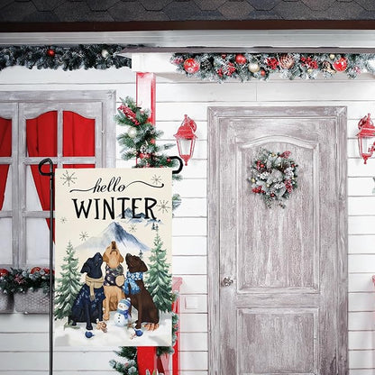 Hello Winter Garden Flag Double Sided Dog Retriever Retrievers Snowflake Burlap Yard Flag Rustic Farmhouse UV Fade Resistant Snow Man Small Garden Flags Front Porch Lawn Outdoor 12x18 Inch
