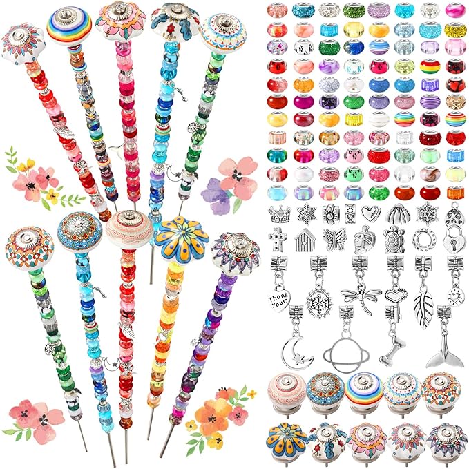 Silipull 255 Pcs 14 Inch Garden Stakes Decorative Ceramic Mushroom and Pumpkin Round Beaded Garden Stakes Decor Fairy Sticks for Indoor Outdoor Yard Lawn Pathway Patio Decoration
