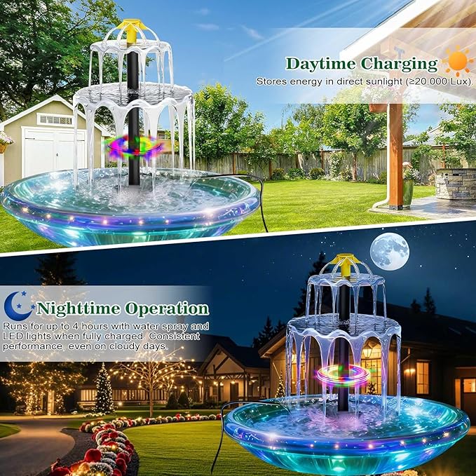Solar Water Fountain, 6W Solar Bird Bath Fountain Pump with Color LED Lights, 3 Interchangeable Nozzles & Easy Installation, Solar Powered Fountain for Garden, Bird Bath, Patio, Yard, Pond