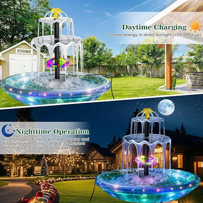 Solar Water Fountain, 6W Solar Bird Bath Fountain Pump with Color LED Lights, 3 Interchangeable Nozzles & Easy Installation, Solar Powered Fountain for Garden, Bird Bath, Patio, Yard, Pond