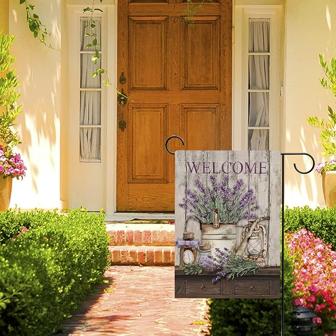 Hzppyz Welcome Spring Summer Garden Flag Lavender Flower Bucket, Decorative House Yard Lawn Outdoor Small Burlap Flag Lantern Decor, Vintage Farmhouse Seasonal Outside Decorations Double Sided 12 x 18