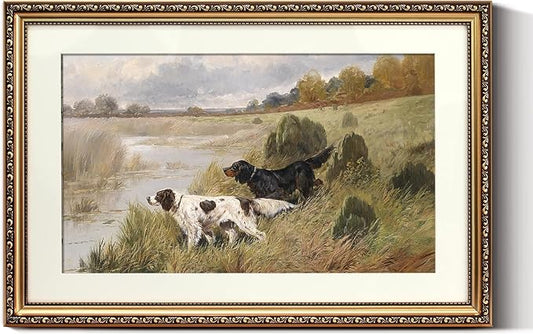 ARPEOTCY Vintage Gold Framed Large Wall Art, Retro River Dog Landscape Paintings, Canvas Prints Artwork with Antique Frame, Victorian Wall Picture Decor for Room Gallery Living Room, 16x24 inch