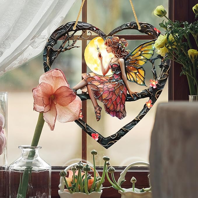 1PC Flower Fairy Acrylic Stained Glass Suncatcher Nature Heart-Shaped Magic and Butterfly Girls Suncatcher Hanging Decoration with Cord SunCatchers for Window Decor Outdoor Garden Decor Gift (red)