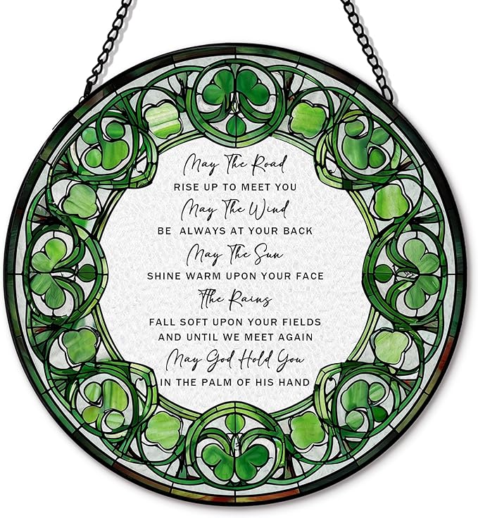 Irish Blessing Suncatcher Stained Glass Window Hanging, Irish Blessing Gifts Sun Catchers Indoor Window Glass Round Wall Decor, Ireland Gifts Wall Art Hanging Decorations, ＂7.8x7.8＂