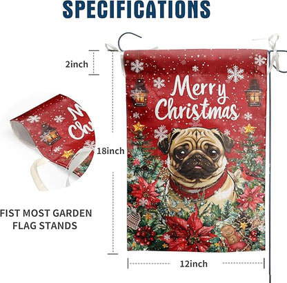 Christmas Pug Garden Flag Merry Christmas Dog Yard Flag for Outside Xmas Flags 12x18 Double Sided Red Poinsettia Garden Flags Winter Porch Decorations Outdoor