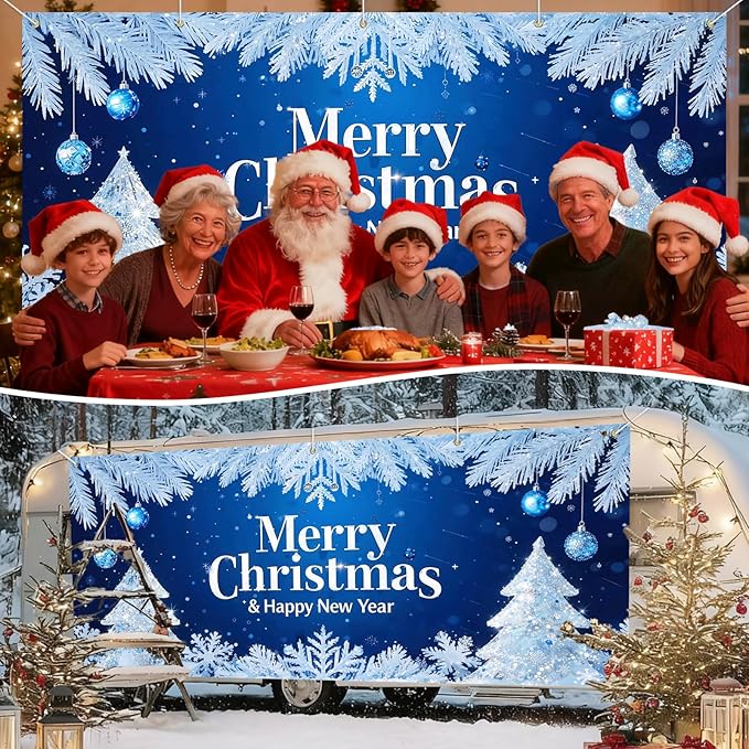IVN Merry Christmas Happy New Year Garage Door Banner 13x6 ft Christmas Garage Door Wnter Scene Background Indoor Outdoor Blue Snowflake Tree Holiday Decorations for Home Wall Backdrop Decor