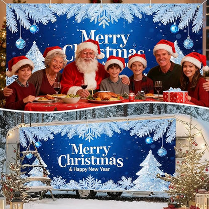 IVN Merry Christmas Happy New Year Garage Door Banner 13x6 ft Christmas Garage Door Wnter Scene Background Indoor Outdoor Blue Snowflake Tree Holiday Decorations for Home Wall Backdrop Decor