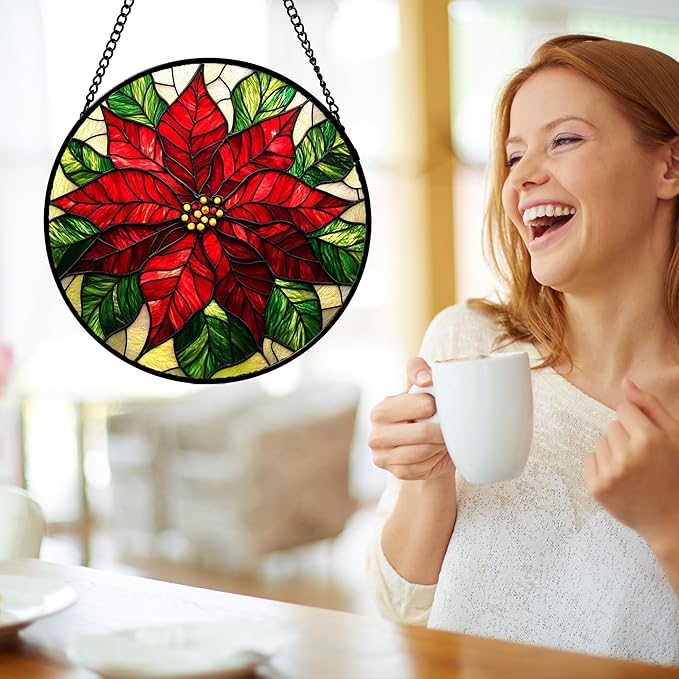 Stained Glass Window Hanging - Poinsettia Suncatcher for Door Garden Home Decor Birth Flower Sun Catcher Birthday Mother's Day for Lovers Friend Women Mom Nana 9.8 in