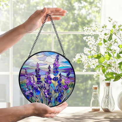 Lavender Flower Suncatchers Stained Glass Window Hanging, Flower Sun Catchers Indoor Window Glass Round Wall Decor, Purple Lavender Floral Wall Decor 7.9x7.9in
