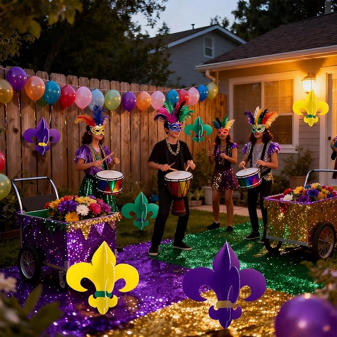 Thyle 6 Pcs Large Mardi Gras Decorations Outdoor 12.6"x12.6" Mardi Gras Hanging Ornaments Yard Fleur De Lis Sign Double Sided Gold Green Purple Porch Sign for Front Door Home Masquerade Party Decor