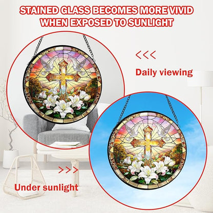Cross Stained Glass Window Hanging, Flower Suncatcher Diamond Glass Panel Hangings, Sun Catchers Indoor Windows Wall Art Decor, Pastor Christian Gift, for Home Office 7.87 inches