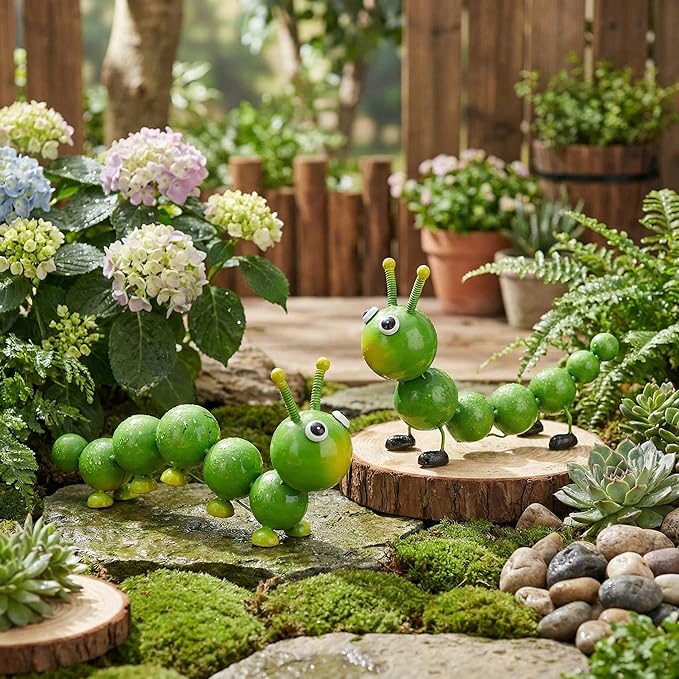 2 Pack Green Metal Caterpillar Garden Statues Outdoor Art, Cute Insect Lawn Ornaments for Backyard Patio Decorations, Funny Animal Yard Decor Gifts for Women Mom