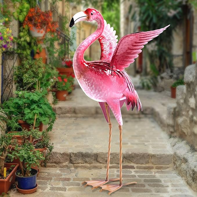 Natelf Garden Flamingo Statue and Sculptures, Outdoor Metal Bird Statues Yard Art, Pink Flamingos Lawn Ornament for Patio Backyard Porch Decorations