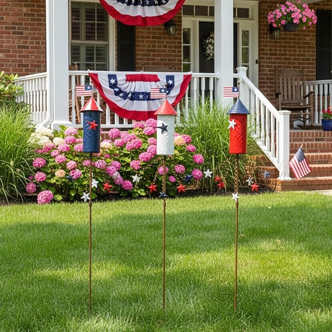 3 Pack Patriotic 4th of July Decorations Outdoor,23.6” Metal Americana Firework Decorative Garden Stakes for Independence Day Garden Decor, 3D Red White Blue Yard Signs for Lawn Porch