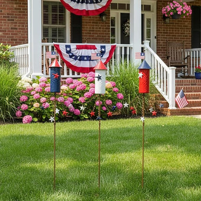 3 Pack Patriotic 4th of July Decorations Outdoor,23.6” Metal Americana Firework Decorative Garden Stakes for Independence Day Garden Decor, 3D Red White Blue Yard Signs for Lawn Porch