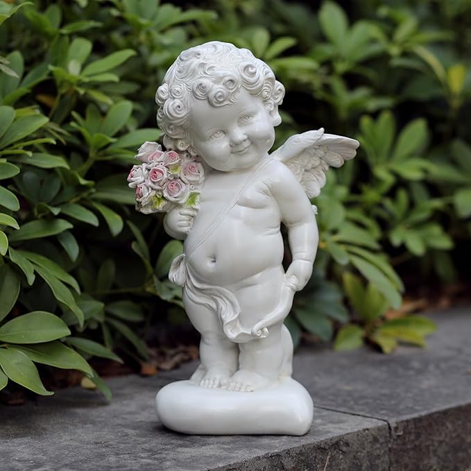 Garden Cupid Angel Statue with Pink Roses, White Cherub Figurine, Outdoor Indoor Decorative Sculpture