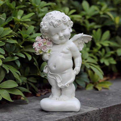 Garden Cupid Angel Statue with Pink Roses, White Cherub Figurine, Outdoor Indoor Decorative Sculpture