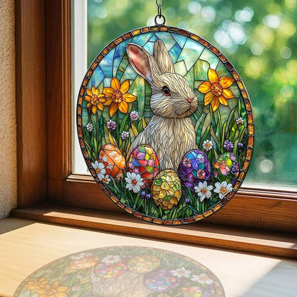 Vivid Mosaic Easter Bunny Art Acrylic Suncatcher Stained Glass Effect Window Car Hanging Christmas Ornament Indoor Outdoor Decor Garden Sun Catcher Panel for Easter Lover for Women Mom Grandma