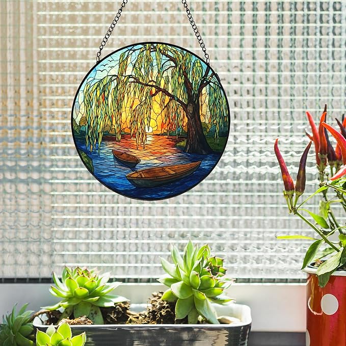 Weeping Sunset Lake Stained Glass Window Hanging, Gifts for Nature Lovers, Weeping Willow Tree Stained Glass Suncatcher Decor Birthday for Mom Men Woman Friend, 7.9x7.9inch