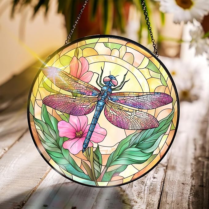 Bimkole Dragonfly Stained Glass Suncatcher Window Hanging - Flowers Design for Indoor Window or Doorway Decoration - 7.87x7.87 inch with Chain and Hook - Unique Home Decor Gift