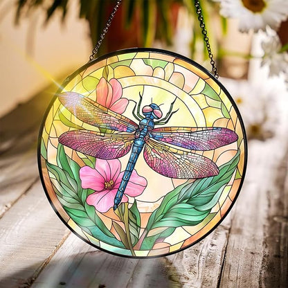 Bimkole Dragonfly Stained Glass Suncatcher Window Hanging - Flowers Design for Indoor Window or Doorway Decoration - 7.87x7.87 inch with Chain and Hook - Unique Home Decor Gift