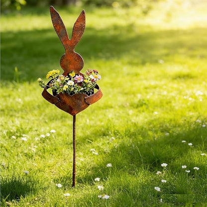 Easter Vintage Metal Rabbit Shaped Planter Garden Stake - Rustic Bunny Silhouette Garden Decor for Outdoor Garden Yard, for Celebrate Easter Outdoors (2pc)