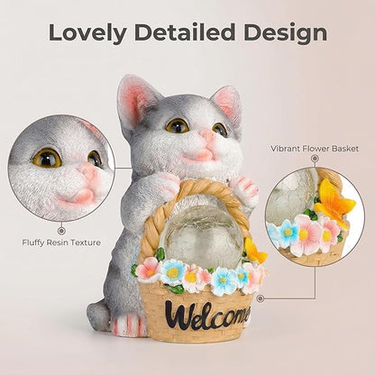 Solar Garden Welcome Statue with LED Light, Outdoor Decorative Animal Figurines, 8-10 Hour Working Time, Floral Basket Design, Lawn Yard Decor (Cat)