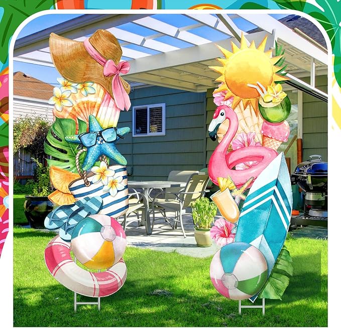 2 Pcs Summer Yard Signs Outdoor Lawn Decoration Summer Beach Ball Ice Cream Waterproof Courtyard Yard Decorations with Stake Garden Lawn Party Courtyard Decoration