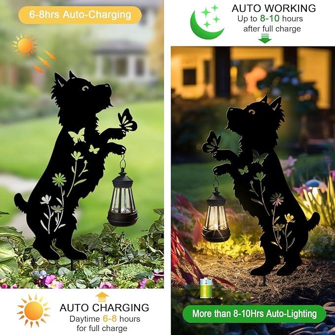 Solar Lights Outdoor Pathway,2 Pack Metal Yorkie Decor with Solar Lantern Garden Stakes,Outside Decorations for Yard,Lawn,Patio,Perfect Dog Gifts for Women
