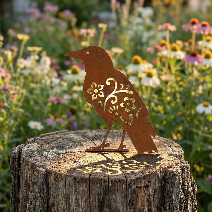 AIM & GGKK Rusty Metal Birds Yard Decor, Set of 5 Metal Bird Silhouette Statues for Garden Fence Yard Art, Rustic Outdoor Garden Sculptures Decorations