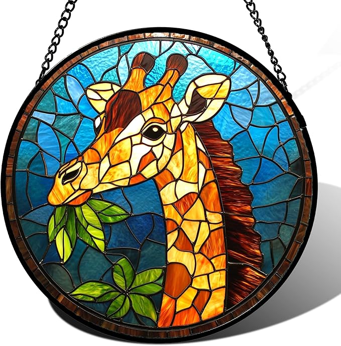 Stained Glass Window Hanging Orange Giraffe Blue Green Leaves Large 15" - Suncatcher Door Garden Sunroom Sun Catcher Home Decor Birthday Christmas for Mom Men Woman Nana