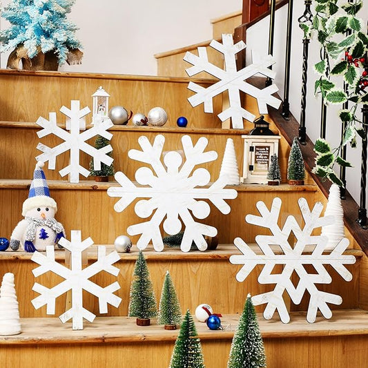 Yuntau 5 Pcs Large Winter Rustic Wooden Snowflake Decorations - Christmas Snowflakes Porch Standing Xmas Yard Signs for Front Door Garden Yard Patio