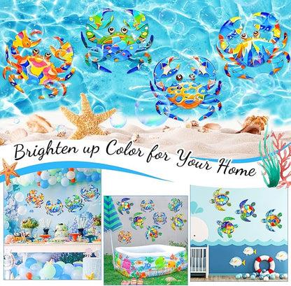 FaloStwer Metal Beach Wall Decor Art, 3D Colorful Sea Turtle Fish Crab and Seahorse Outdoor Sculptures, Ocean Themed Outside Decor for Patio Pool Bathroom Yard Farmhouse Fence Deck (Crab)