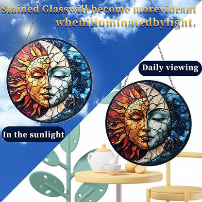 Sun and Moon Decor Suncatcher Stained Glass Window Hanging - Handmade Stained Glass Suncatchers Hanging Decoration with Metal Chain - Outdoor Garden Decor Gift for Women Christmas Thanksgiving Gifts