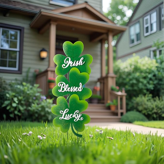 Glitzhome St Patricks Day Yard Signs Outdoor Decorations, 36.75"H Metal Shamrock Garden Stakes Set of 3, Green Shamrock Sign Decor for Irish Outside Lawn Porch