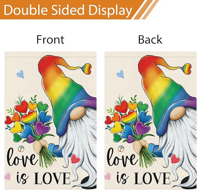 Heyfibro Rainbow Gnome Love is Love Pride Garden Flag 12x18 Double Sided Burlap, Pride Month Heart Bouquet Yard Sign for Gay Lesbian LGBTQ Outdoor Decoration (ONLY FLAG)