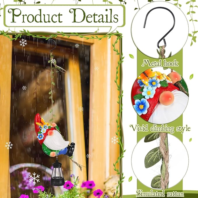 Rossesay Solar Hanging Gnome Statue 6.3" H Climbing Gnomes with LED Lantern Hook Waterproof Hanging Gnomes Outdoor Decor Tree Yard Porch Wall Decoration Birthday Gift for Mom Women