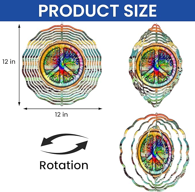 Peace Sign Hippie Tree of Life Wind Spinner TPT2235WS, 12 inches - 3D Hanging Wind Spinners Outdoor, Yard, Garden Decor